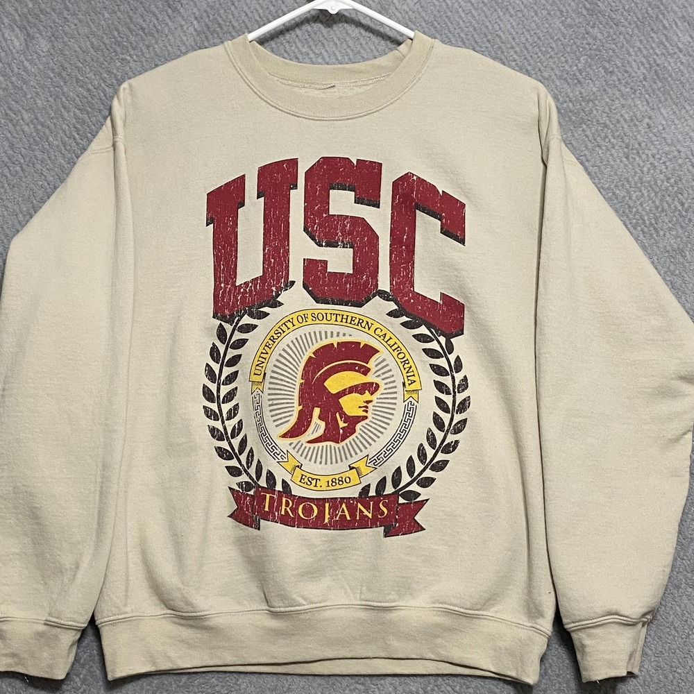 USC Trojans Sweatshirt Mens Medium Beige NCAA Football Fleece Goodie Two Sleeves
